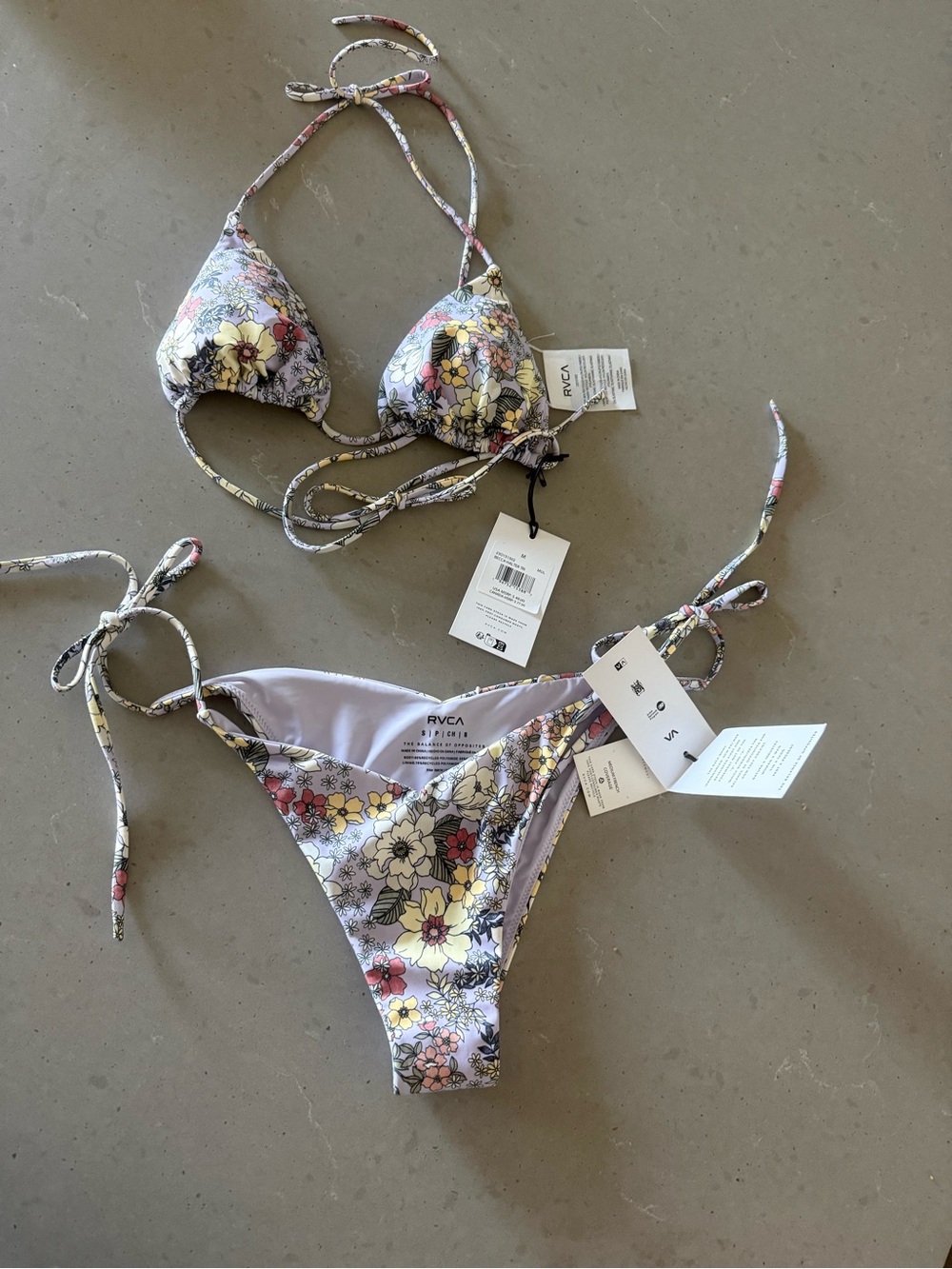 RVCA Lavender Floral Tie-Side String Bikini with Yellow & Pink Accents